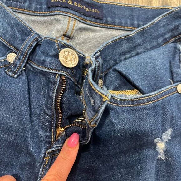 Rock & Republic Berlin Straight Jeans Pockets Distressed Denim Dark Wash Size 2 - Picture 7 of 12